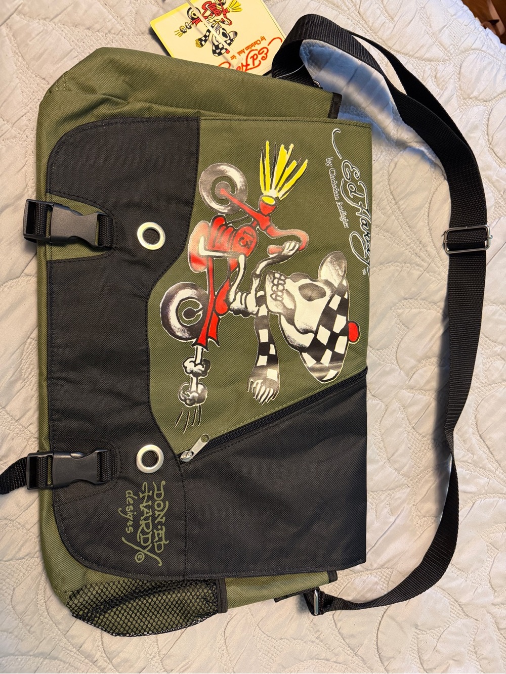 Ed Hardy Y2K Men's Olive & Black Messenger Bag with Graphic Skull Print